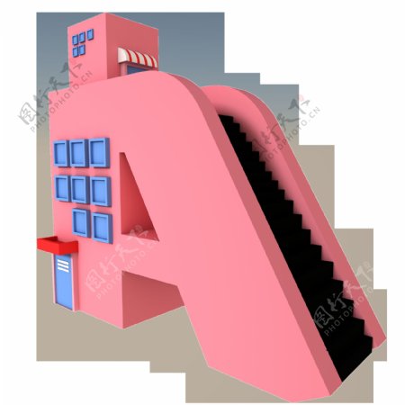 C4D粉红色字母A楼房扶梯可商用元素