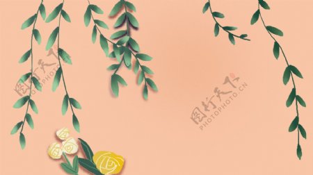 绿色枝条花朵粉色卡通背景