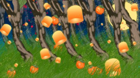 彩绘中秋树林孔明灯背景素材