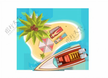 卡通度假游轮沙滩椰子树png元素