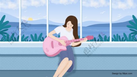 窗台弹吉他的女孩背景素材