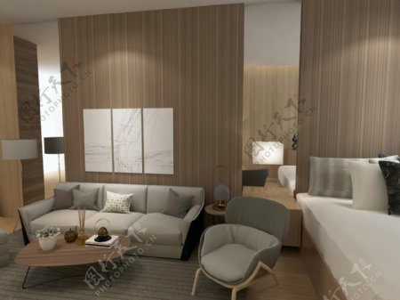 现代简约木色卧室一居室装饰装修效果图