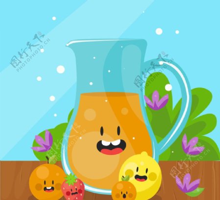 卡通橙汁和水果