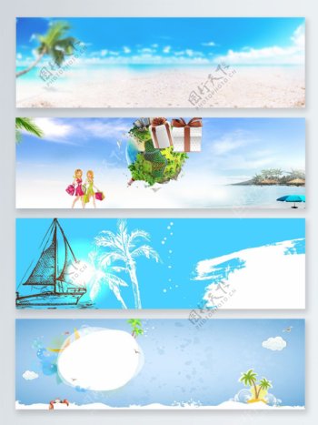 卡通手绘椰子树船只礼品banner背景