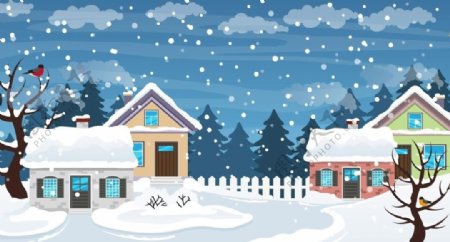 矢量卡通动漫冬季房屋雪景插画