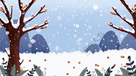 卡通手绘冬季柿子树雪地背景设计