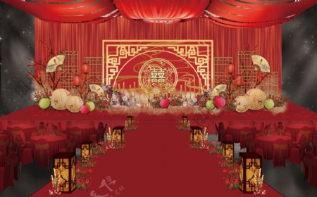 中式大红色传统婚礼工装效果图