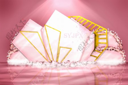 粉色kt板多边形层次感婚礼迎宾区效果图