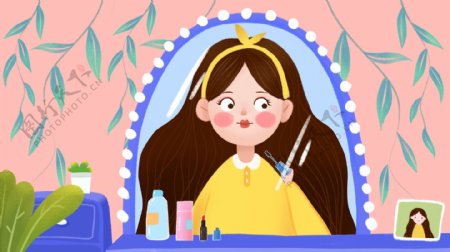 化妆镜中化妆的女生卡通背景