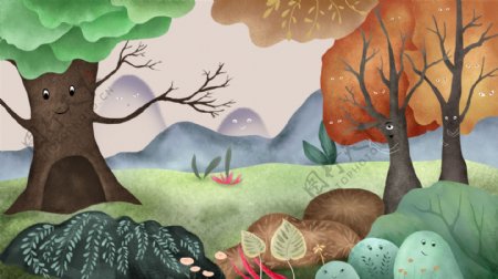 彩绘可爱山物记树林背景设计