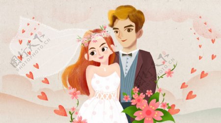 靠着的新娘和新郎花朵卡通背景