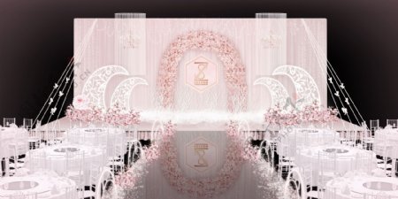 粉色线帘鲜花拱门婚礼主舞台效果图