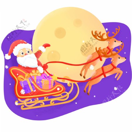 卡通可爱手绘风圣诞节圣诞老人麋鹿车送礼物