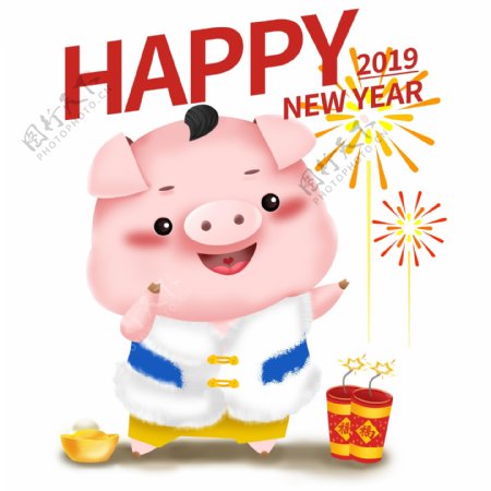 新年可爱猪立体IP卡通形象福娃男孩放鞭炮
