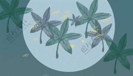 绿色手绘枫叶圆月卡通背景