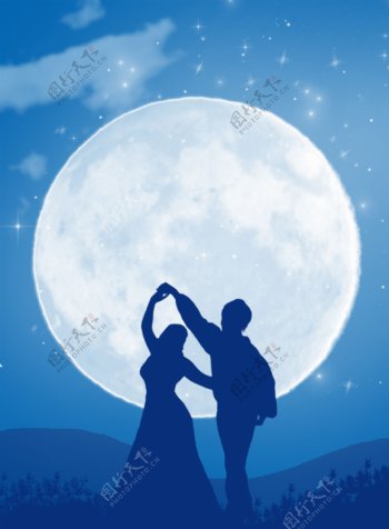 原创浪漫蓝色月下情侣起舞通用背景