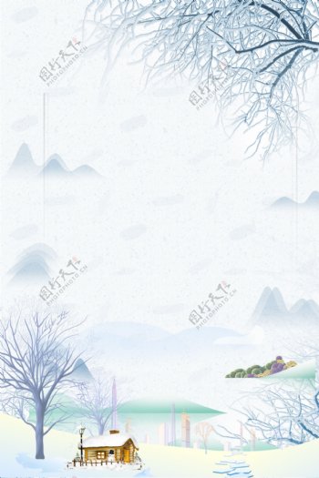 白色冬季清新雪地卡通广告背景图