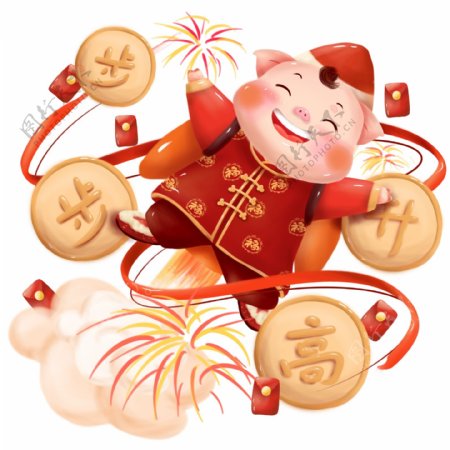 猪年生肖动物形象步步高升新年春节红色喜庆