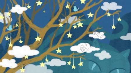 大树枝杆上挂着的星星蓝天背景