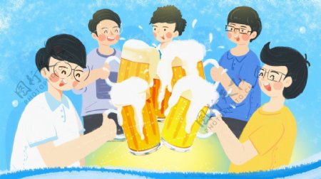 学生聚会喝啤酒干杯的卡通背景