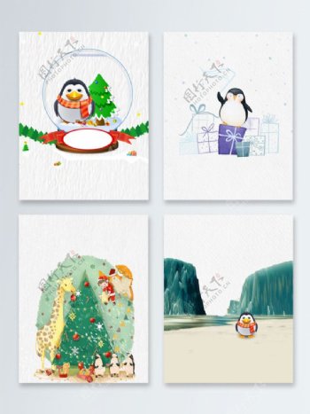 卡通企鹅圣诞树广告背景