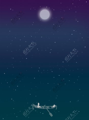星空月亮繁星船只女孩兔子湖面简约两可背景