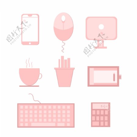 粉色少女办公桌用品矢量插画