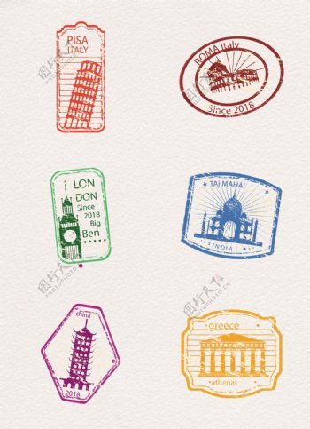 彩色世界标志性建筑邮票矢量元素