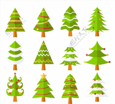 12款扁平化绿色圣诞树矢量图