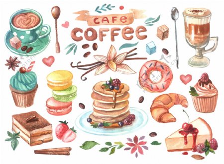 手绘蛋糕甜品咖啡插画