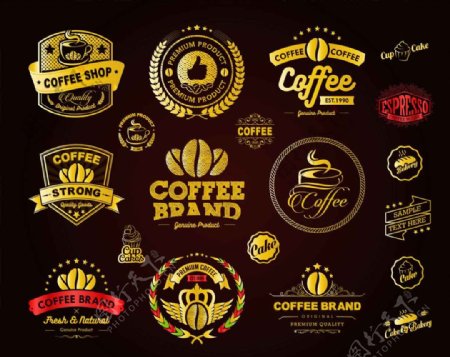 金色咖啡杯标志徽章标签