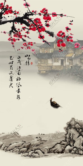 中式意境山水国画梅花玄关背景墙