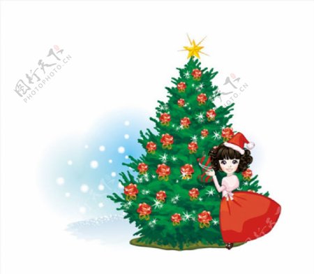 圣诞树女孩插画