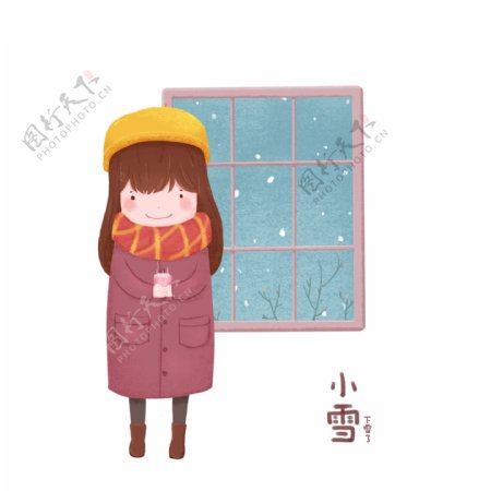 二十四节气小雪手绘插画风窗外下雪冬装女孩