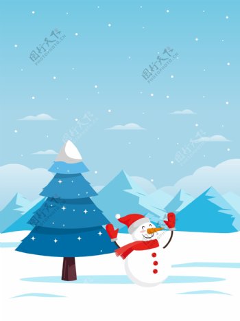 蓝色卡通风圣诞树雪人背景