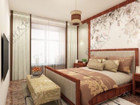 暖色温馨新中式卧室效果图