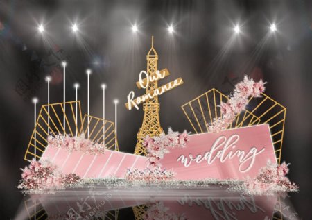 粉色巴黎铁塔法式灯柱几何婚礼婚礼效果图