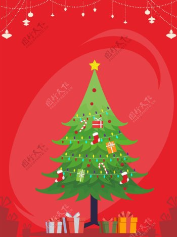 红色圣诞节圣诞树礼物背景