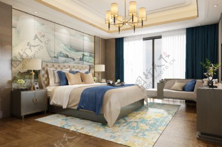 新中式风格轻奢卧室效果图