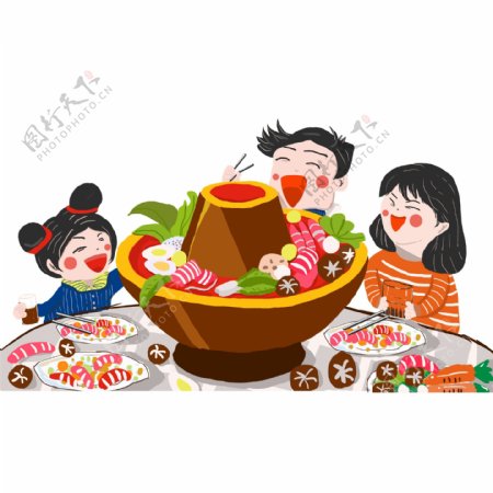 一家人吃火锅温馨手绘插画设计