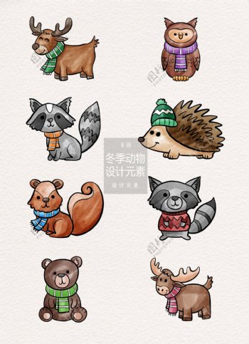 手绘卡通冬季动物设计元素