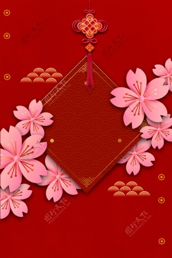 红色中国风猪年花朵新年背景素材