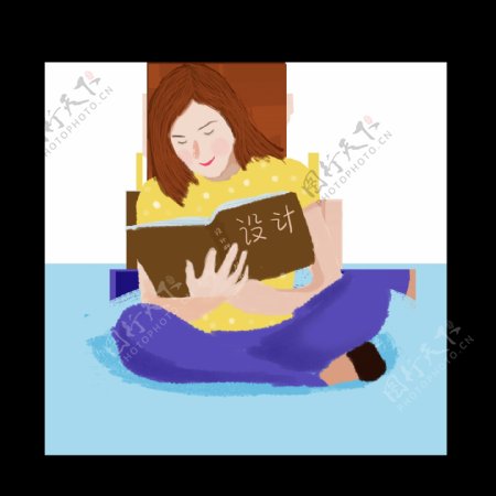 坐在地毯上面看书的女孩