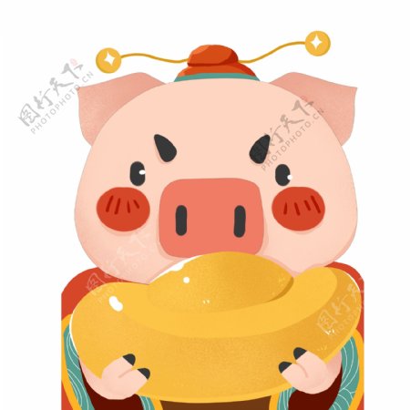 手绘可爱猪猪抱着金元宝原创元素