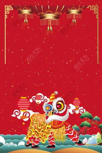 舞狮新年喜庆红色广告背景图