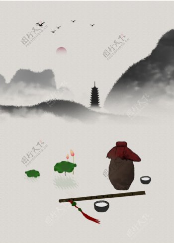 中国风水墨老酒远山装饰画