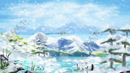 手绘蓝色远山河流大雪背景设计