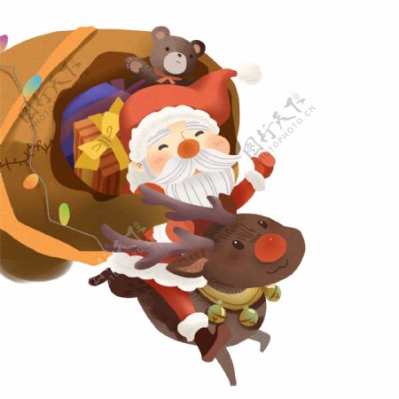 手绘可爱圣诞老人和麋鹿派送礼物原创元素