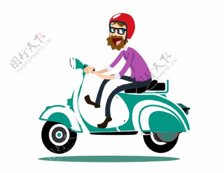 手绘卡通人物骑摩托车元素