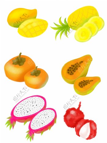 手绘简约商用水果芒果菠萝柿子荔枝元素